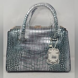 Elegant Metallic Croc-Embossed Satchel - Silver/Teal